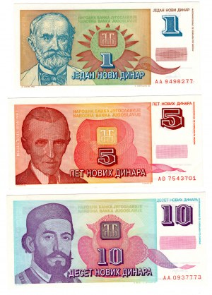 Jugoslávie, (10, 5, 1) novih dinara 1994 - sada 3 kusů