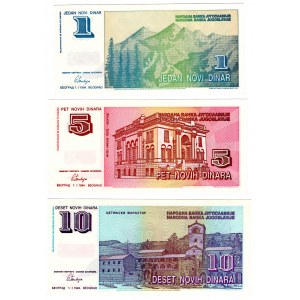 Yougoslavie, (10, 5, 1) novih dinara 1994 - ensemble de 3 pièces
