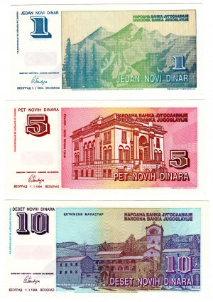 Jugoslávie, (10, 5, 1) novih dinara 1994 - sada 3 kusů