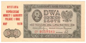 Poľsko, 2 zloté 1948, séria CF, s pamätnou pretlačou - WYSTAWA WSPÓŁCZESNE MONETY I BANKNOTY POLSKIE I OBCE NBP 1979