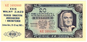 Polska, 20 złotych 1948, seria KE, z nadrukiem pamiątkowym - XXIX WALNY ZJAZD POLSKIEGO TOWARZYSTWA ARCHEOLOGICZNEGO I NUMIZMATYCZNEGO, Zielona Góra, 22-23 maj 1982