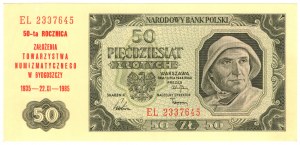 Pologne, 50 zlotys 1948, série EL, avec une surimpression commémorative - 50e anniversaire de la fondation des sociétés NUMIZMATIQUES à Bydgoszcz 1935-22.XI-1985
