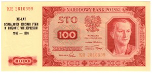 Poľsko, 100 zlotých 1948, séria KR, s pamätnou pretlačou - XX-LATH PTAiN ODDZIAŁU ODTAiN W GORZOWIE WIELKOPOLSKIM 1966-1986