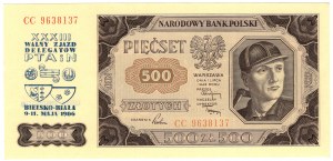 Pologne, 500 zloty 1948, série CC, avec une surimpression commémorative - XXXIII WALNY ZJAZD DELEGATÓW PTAiN BIELKO-BIAŁA 9-11 MAJA 1986