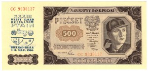 Polonia, 500 zloty 1948, serie CC, con soprastampa commemorativa - XXXIII WALNY ZJAZD DELEGATÓW PTAiN BIELKO-BIAŁA 9-11 MAJA 1986