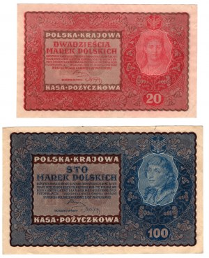 Pologne, 20 marks polonais 1919 - II Série BX | 100 marks polonais 1919 - IC Série T