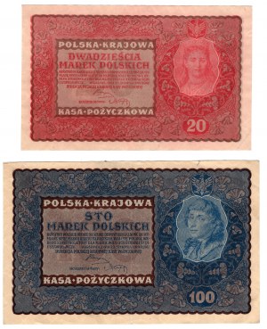 Poľsko, 20 poľských mariek 1919 - II. séria BX | 100 poľských mariek 1919 - IC séria T