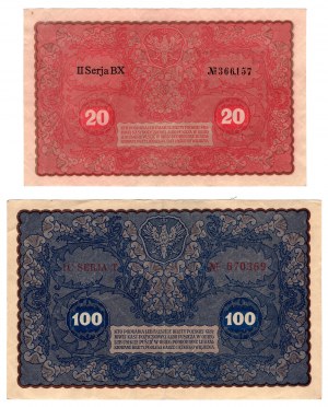 Pologne, 20 marks polonais 1919 - II Série BX | 100 marks polonais 1919 - IC Série T