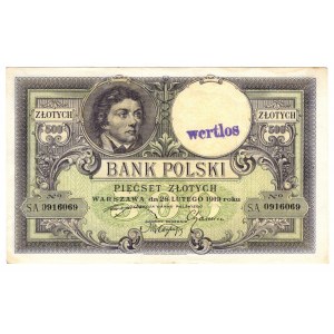 Polska, 500 złotych 1919, seria SA - ze stemplem unieważniającym - WERTLOS
