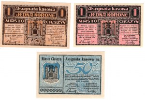 Cieszyn (Teschen), 1 couronne 1919 x 2, 50 halers 1919 - ensemble de 3 pièces