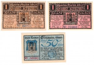 Cieszyn (Teschen), 1 korona 1919 x 2, 50 halerzy 1919 - zestaw 3 sztuk