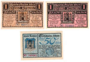Cieszyn (Teschen), 1 corona 1919 x 2, 50 halers 1919 - set di 3 pezzi