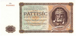 Slovensko, 5000 korún 1944, SPECIMEN - dvojitá perforácia, vzácne