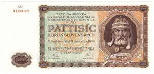 Słowacja, 5000 korun 1944, SPECIMEN - podwójna perforacja, rzadkie