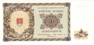 Slovensko, 5000 korun 1944, SPECIMEN - dvojitá perforace, vzácné