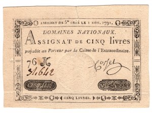 France, assignation pour 5 livres 1791