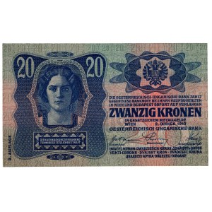 Tchécoslovaquie, 20 couronnes 1919 (1913), avec timbre - rare et beau