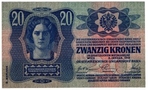 Tschechoslowakei, 20 Kronen 1919 (1913), mit Briefmarke - selten und schön