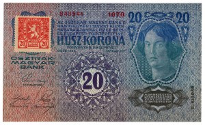 Czechosłowacja, 20 koron 1919 (1913), ze znaczkiem - rzadki i piękny