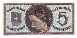 Słowacja, 5 koron (1945) A048, SPECIMEN