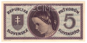 Slovacchia, 5 corone (1945) D002, SPECIMEN