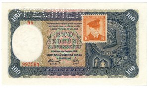 Tchécoslovaquie, 100 korun 1940 (1945), SPÉCIMEN - avec timbre