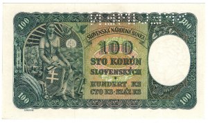 Tchécoslovaquie, 100 korun 1940 (1945), SPÉCIMEN - avec timbre