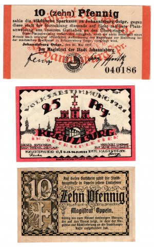 Pisz (Johannisburg) 10 fenig 1917 | Kreuzburg (Kluczbork) 25 fenig | Opole (Oppeln) 10 fenig, set di 3 pezzi