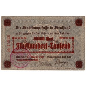 Strzałów (Stralsund), 50 mark 1922 - przedruk na 500 000 marek 1923 - rzadkie