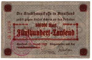Strzalow (Stralsund), 50 marek 1922 - dotisk za 500 000 marek 1923 - vzácný exemplář