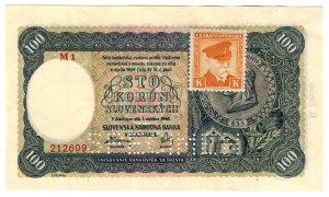 Czechoslovakia, 100 korun 1940 (1945), SPECIMEN - with stamp