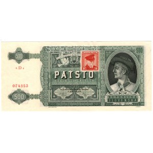 Czechosłowacja, 500 koron (1945) na 500 koronach słowackich 1941, SPECIMEN - ze znaczkiem