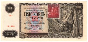Tschechoslowakei, 1 000 Kronen 1940 (1945) auf 1 000 Slowakische Kronen 1940, SPECIMEN - mit Stempel