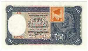 Czechoslovakia, 100 korun 1940 (1945), SPECIMEN - with stamp