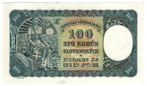 Tchécoslovaquie, 100 korun 1940 (1945), SPÉCIMEN - avec timbre