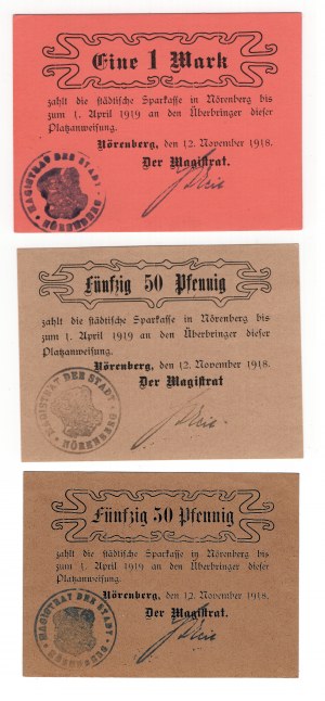 Norenberg (Ińsko), 1 marka, 2 x 50 pfennig 1918, zestaw 3 sztuk