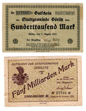 Zgorzelec (Görlitz), 100 000 marks 1923 / 5 milliards de marks 1923, ensemble de 2 pièces