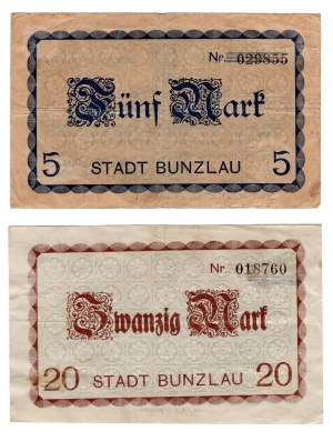 Bolesławiec (Bunzlau), 5 et 20 marks 1919, ensemble de 2 pièces.