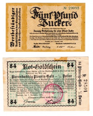 Shots (Stralsund), 20 Goldpfennig 1923 / 84 goldpfennig (1/5 dollar) 1923, sada 2 kusov