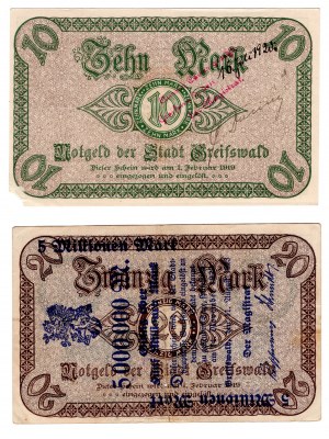 Gryfia (Greifswald), 10 marks 1918 / 20 marks 1919, ensemble de 2 pièces