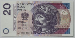 Pologne, III RP, 20 zloty 2012, série AL - numéro intéressant 3333336