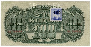 Cecoslovacchia, 100 corone 1944 (1945), SPECIMEN - con francobollo