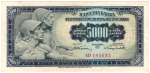 Juhoslávia, 5000 dinárov 1955, bez čísla 2 v pravom dolnom rohu - vzácne