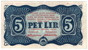 Jugoslávie 5 lir 1944, série AA - peníze místních partyzánů ve Slovinsku