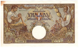 Serbia, 1000 dinara 1942 - znak wodny mężczyzna