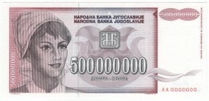 Jugoslávie, 500 000 000 dinárů 1993 SPECIMEN
