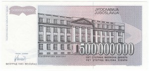 Jugoslávie, 500 000 000 dinárů 1993 SPECIMEN