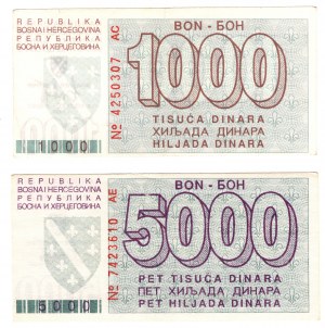 Bosna a Hercegovina, 1000 a 5000 dinárov 1992, sada 2 kusov
