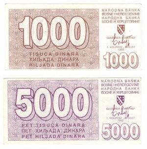 Bośnia i Hercegowina, 1000 i 5000 dinara 1992, zestaw 2 sztuk