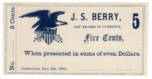 États-Unis d'Amérique, 5 Cents 1862, Greenwich (Ohio), J.S. BERRY